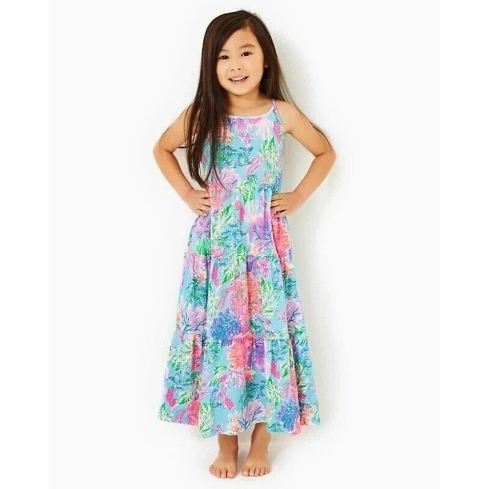Lilly Pulitzer Girls Harleigh Maxi Dress Tiered Celestial Blue S 4-5 YRS 284988